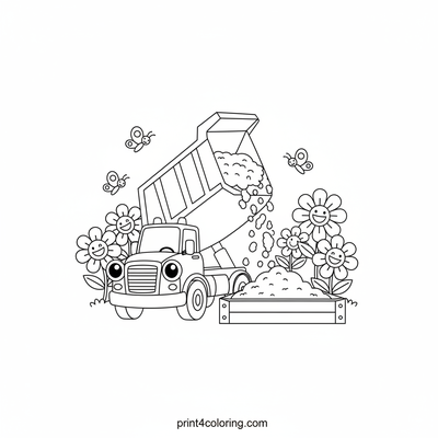 Friendly Dump Truck's Garden Adventure - free printable coloring page