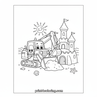 Happy Digger's Sandcastle Adventure - free printable coloring page