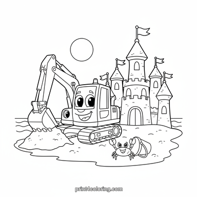 Friendly Excavator's Sandcastle Masterpiece - free printable coloring page