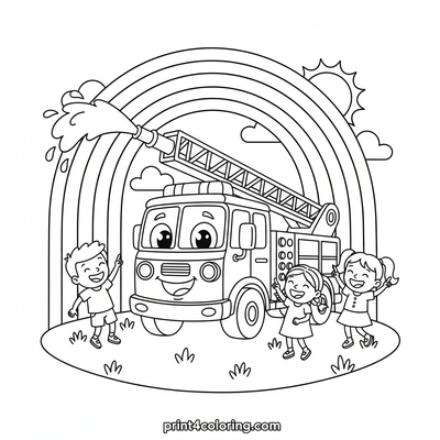 Friendly Fire Truck's Rainbow Splash - free printable coloring page