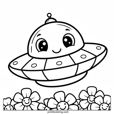 Smiling Saucer Over Flower Field - free printable coloring page