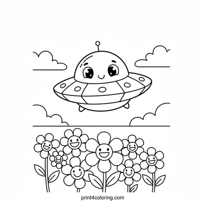 Friendly UFO Over Rainbow Flowers - free printable coloring page