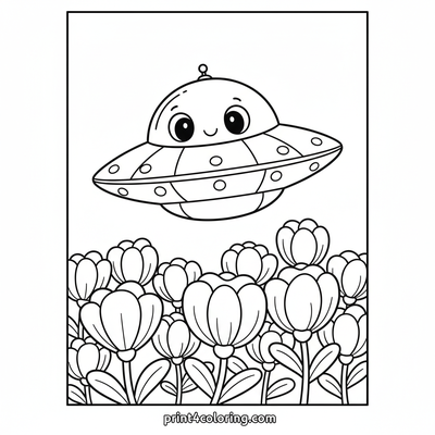 Friendly Flying Saucer's Flower Adventure - free printable coloring page