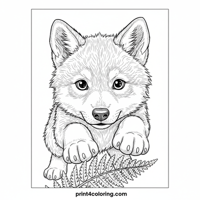 Curious Wolf Pup's Forest Fern Frolic - free printable coloring page