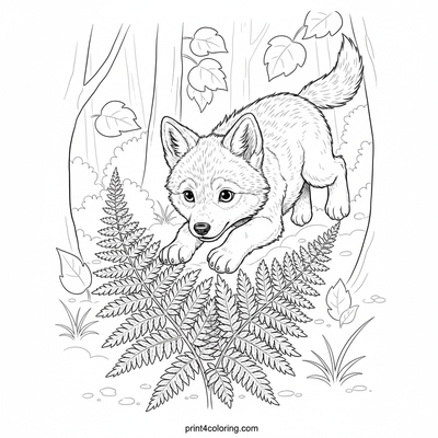 Playful Forest Pup's Fern Frolic - free printable coloring page