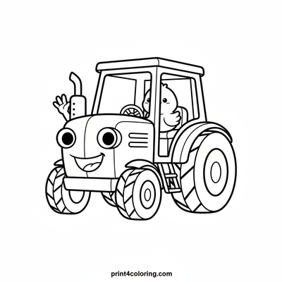 Happy Little Tractor and His Chick Friend - free printable coloring page
