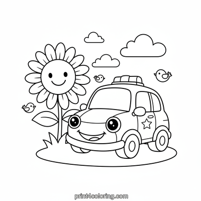 Smiling Police Car's Sunflower Friend - free printable coloring page