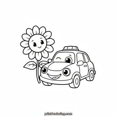 Friendly Patrol Car and the Happy Sunflower - free printable coloring page