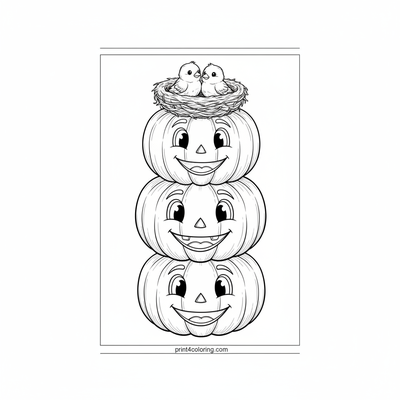 Whimsical Pumpkin Tower with Nesting Birds - free printable coloring page