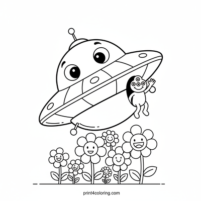 Happy Saucer's Flower Power Landing - free printable coloring page