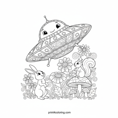 Whimsical Wanderer: Friendly Saucer's Garden Adventure - free printable coloring page