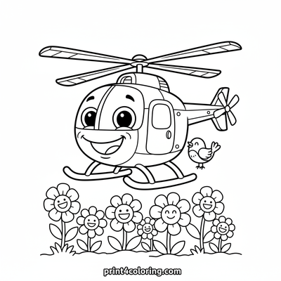 Friendly Helicopter's Garden Visit - free printable coloring page