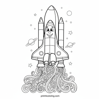 Whimsical Wanderer: Space Shuttle's Starlit Ascent - free printable coloring page