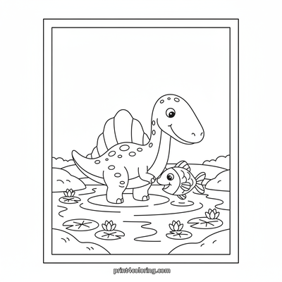Friendly Spino's River Fishing Adventure - free printable coloring page