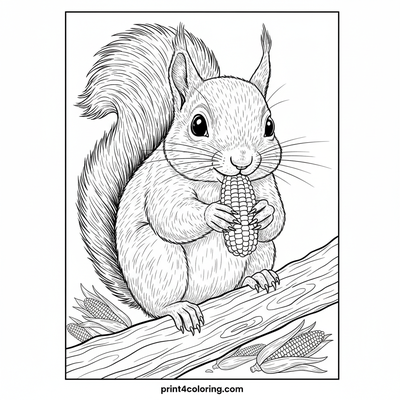 A Cheerful Squirrel's Cornfield Feast - free printable coloring page