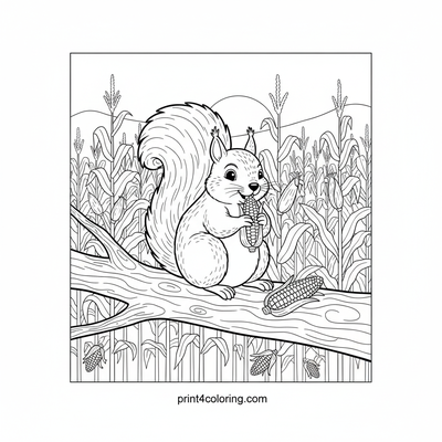 Friendly Squirrel's Autumn Corn Feast - free printable coloring page