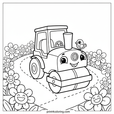 Smiling Steamroller's Flower Path Adventure - free printable coloring page