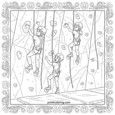 Friends Conquering the Climbing Wall Challenge - free printable coloring page