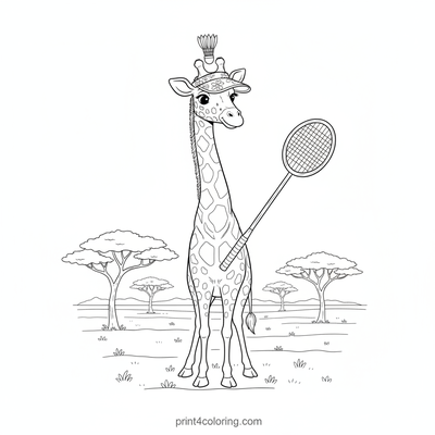 Giraffe's Grand Badminton Gambit: A Playful Serve - free printable coloring page