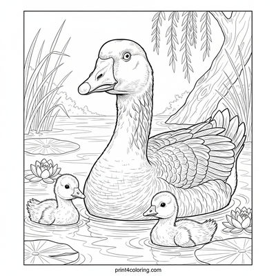 Graceful Riverside Goose Family - free printable coloring page