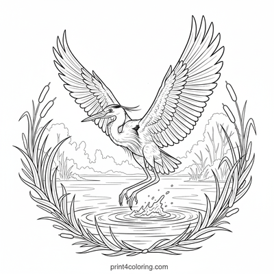 Soaring Heron's Grace: A Detailed Flight Scene - free printable coloring page