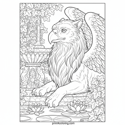 Majestic Griffin's Fountain Retreat - free printable coloring page