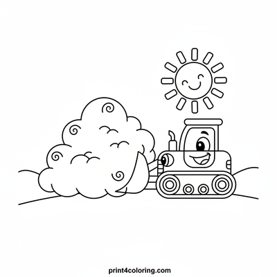 Smiling Bulldozer's Cloud Parade - free printable coloring page