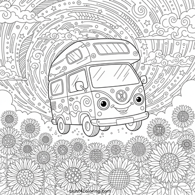 Sunny Sunflower Serenity: Happy Camper Van Adventure - free printable coloring page