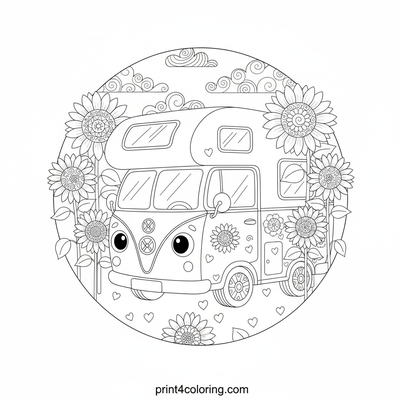 Sunny Daydream: Happy Camper Van in a Sunflower Wonderland - free printable coloring page
