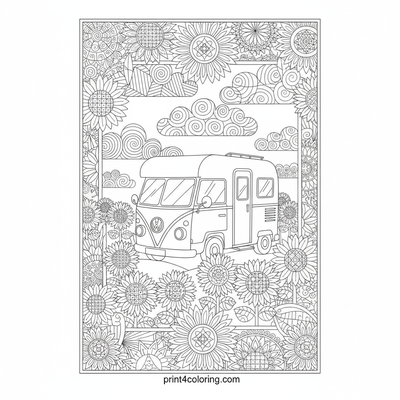 Zentangle Sunflower Camper Adventure - free printable coloring page