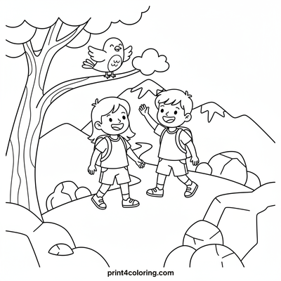 Mountain Trail Adventure: Happy Hikers & a Friendly Bird - free printable coloring page