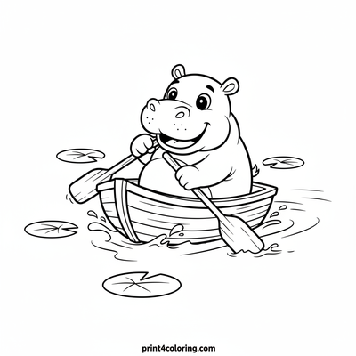 Happy Hippo's Lakeside Rowboat Adventure - free printable coloring page