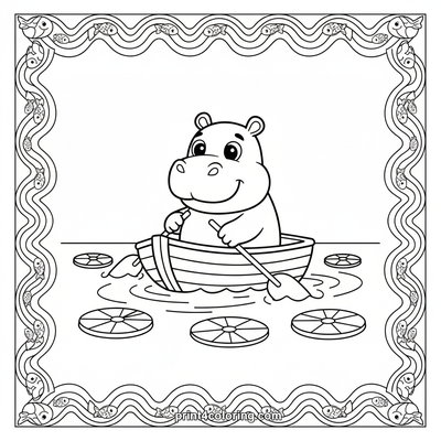 Happy Hippo's Lakeside Adventure - free printable coloring page