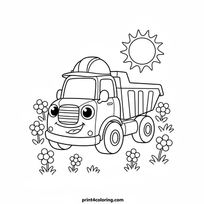 Happy Dump Truck's Sunny Flower Field - free printable coloring page