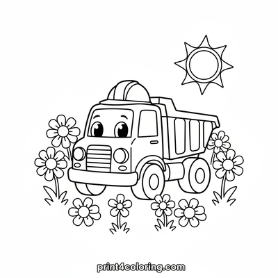 Happy Little Dump Truck's Flower Field Fun - free printable coloring page