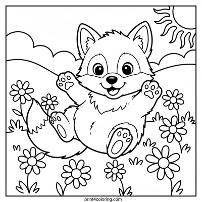 Joyful Wolf Pup in Daisy Field - free printable coloring page