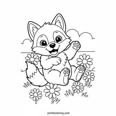 Joyful Wolf Pup in Daisy Field - free printable coloring page