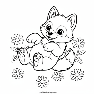 Happy Wolf Pup's Daisy Delight - free printable coloring page