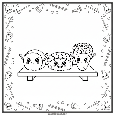 Happy Sushi Friends Party - free printable coloring page