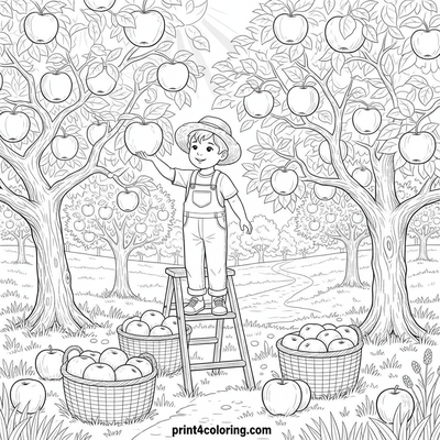 Sunny Apple Picking Day in the Orchard - free printable coloring page