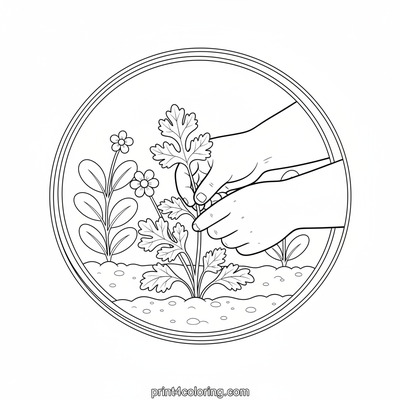 Tiny Hands, Fresh Cilantro Harvest - free printable coloring page