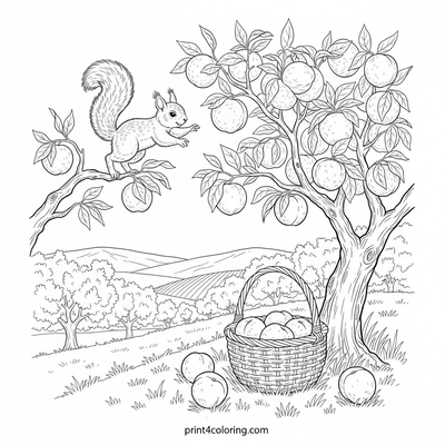 Sweet Orchard Harvest: Peaches and a Playful Squirrel - free printable coloring page