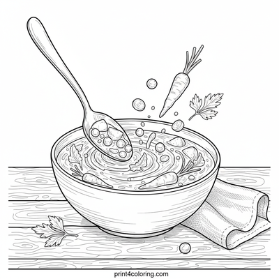 A Bowl of Warmth: Detailed Vegetable Soup Still Life - free printable coloring page