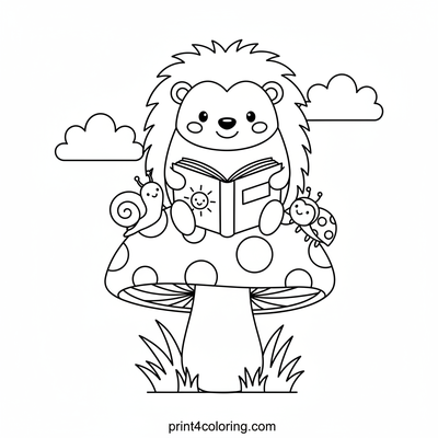 Hedgehog's Cozy Mushroom Story Time - free printable coloring page