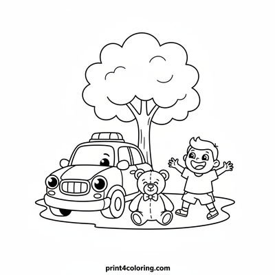 Friendly Police Car's Teddy Bear Rescue - free printable coloring page