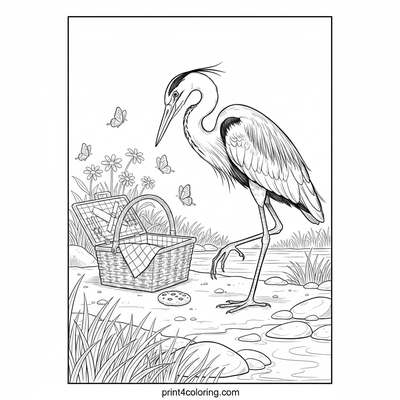 Curious Heron's Riverbank Discovery - free printable coloring page