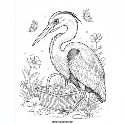Curious Heron's Riverbank Discovery - free printable coloring page