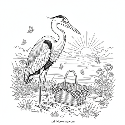 Curious Heron's Picnic Discovery - free printable coloring page