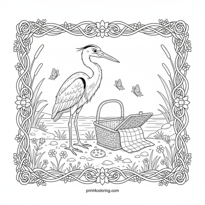 Heron's Gentle Curiosity Picnic - free printable coloring page