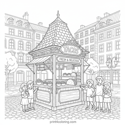 Historic Taco Fiesta: A Bustling City Square Scene - free printable coloring page
